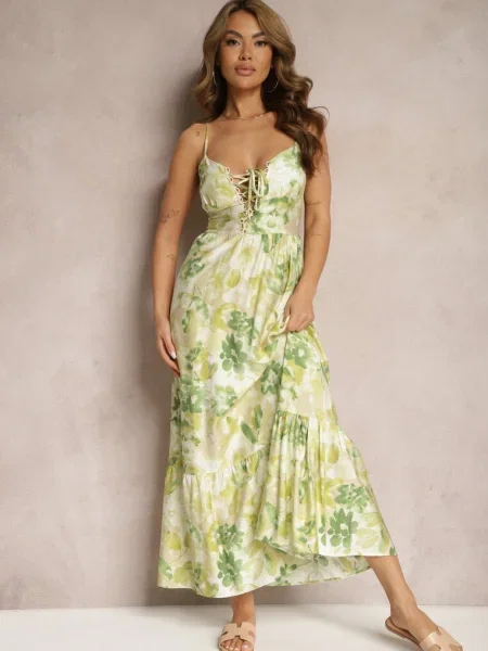 Rochie evazată cu imprimeu floral din și cu fundă la decolteu Nasima verde