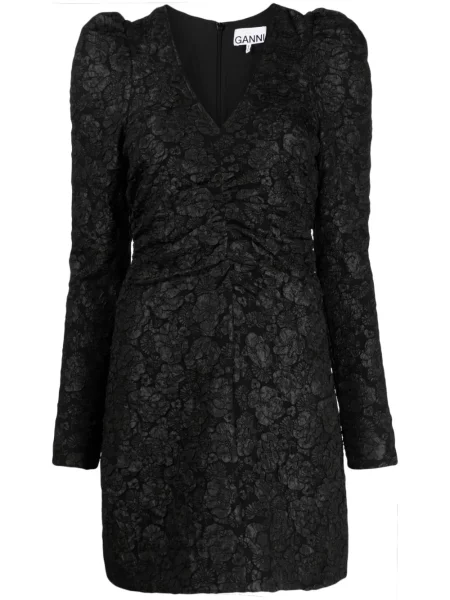 Rochie Ganni cu model floral cu decolteu în V din jacard negru