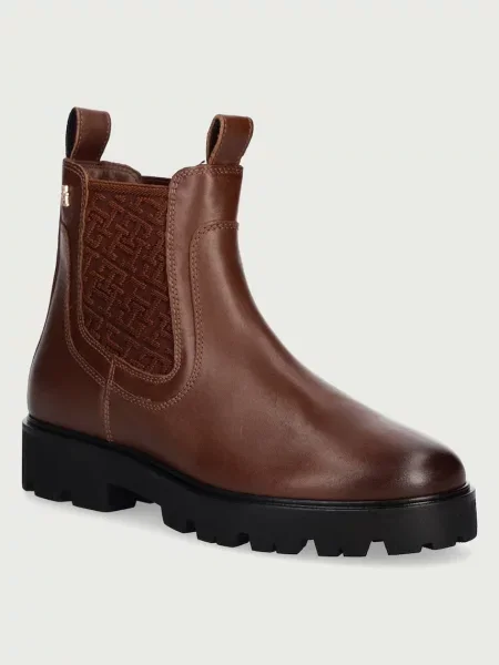 Tommy Hilfiger chelsea čižmy dámske kožené TH MONOGRAM LEATHER CHELSEA BOOT hnedá