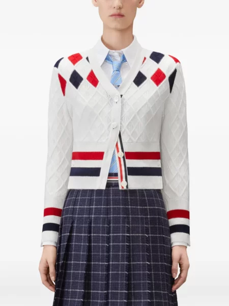 Cardigan Thom Browne cu model argyle alb