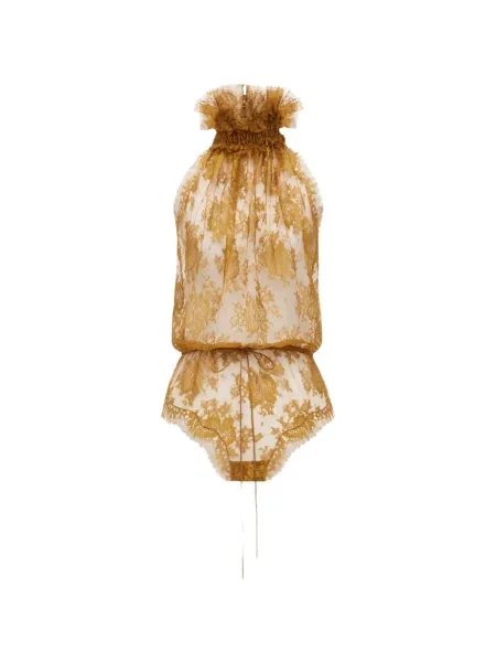 Body Saint Laurent cu volane din dantelă auriu