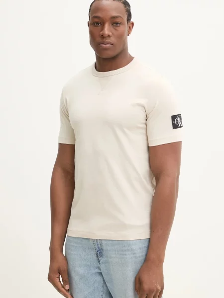 Krótka koszulka Calvin Klein Jeans z krótkim rękawem beżowa
