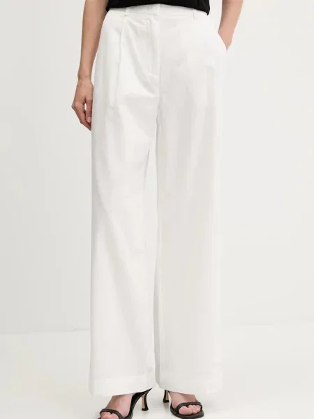 Панталон с лен Sisley с широка каройка с висока талия бяло