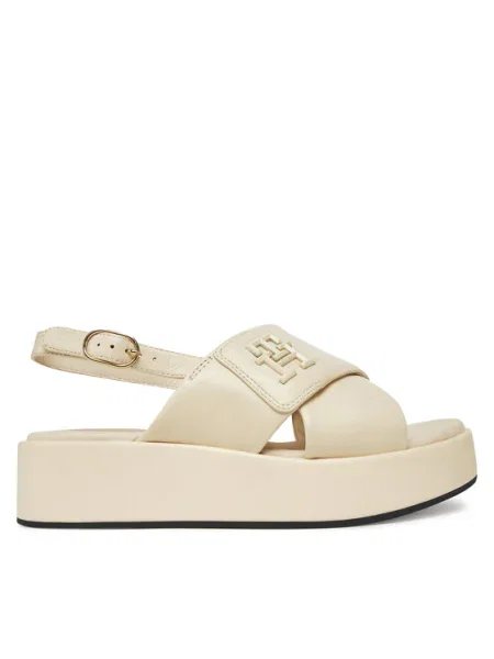 Кожени сандали Tommy Hilfiger TH LOGO HW PADDED LEATHER SANDAL с платформа бежово