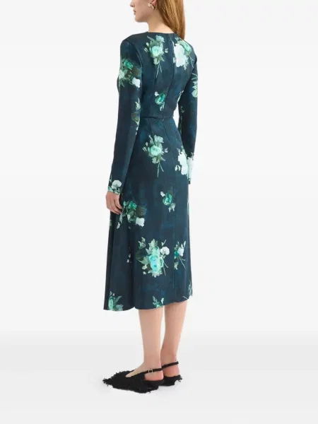 Rochie midi Erdem cu model floral drapată până la genunchi albastru