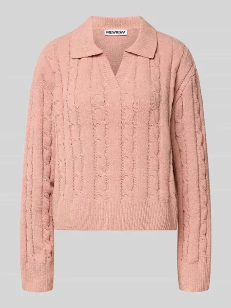Sweter z dzianiny z dekoltem w serek i wykładanym kołnierzem Review