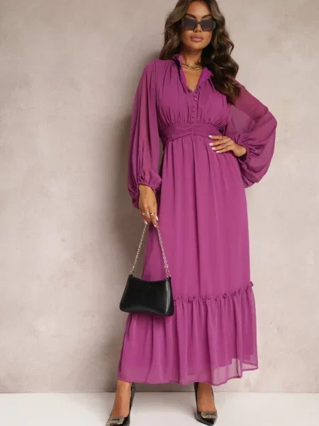 Rozkloszowana Sukienka Maxi ze Stójką i Falbanką Camillene fioletowa