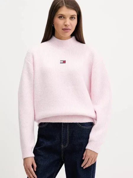 Tommy Jeans pulover din amestec de lână cu turtleneck roz