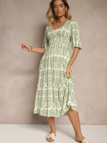 Zielono-Kremowa Sukienka Boho Rozkloszowana z z Odkrytymi Plecami Tuvria zielona