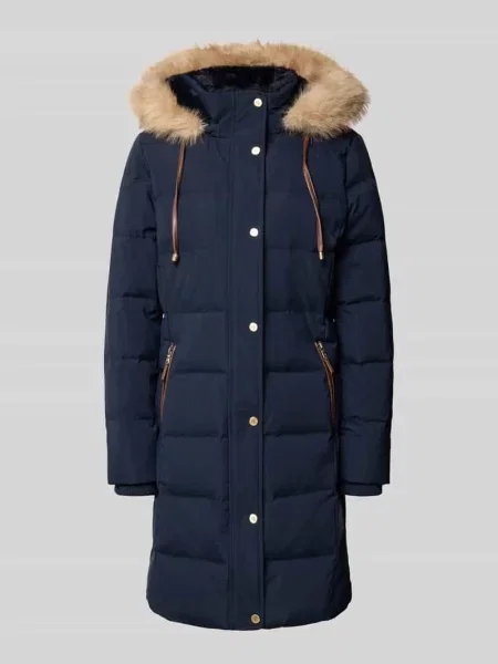 Płaszcz puchowy o kroju regular fit z obszyciem ze sztucznego futra Lauren Ralph Lauren granatowe