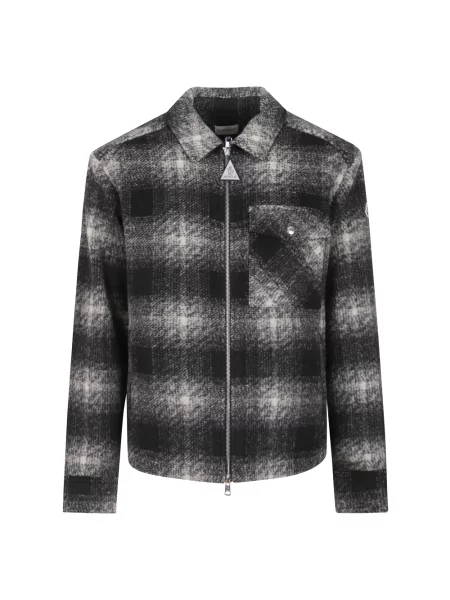 Kurtka koszulowa Moncler wełniana w kratę z logo czarna