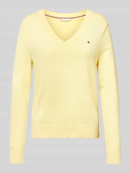 Sweter z dzianiny z prążkowanymi wykończeniami żółty