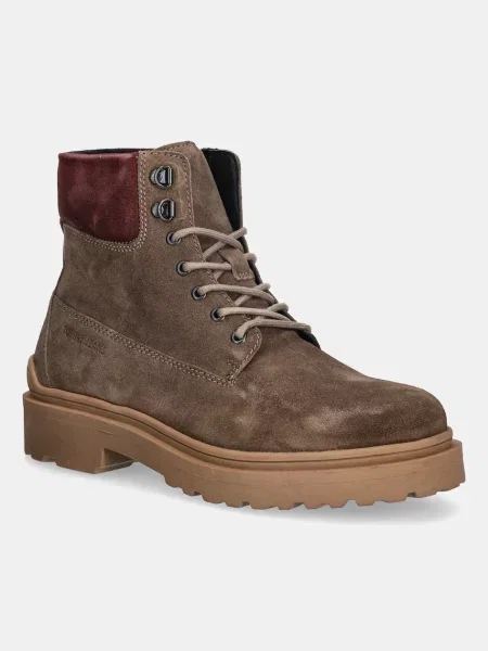 Tommy Jeans cizme înalte din piele TJM LACE UP BOOT SUEDE maro roșu
