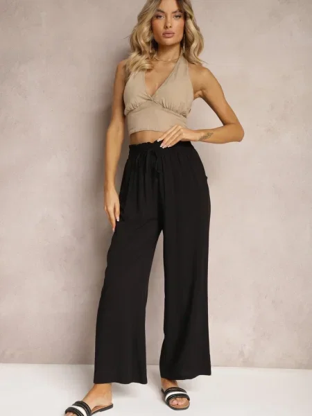 Spodnie Palazzo High Waist z Bawełny Wykończone Gumką w Talii Nellsea czarne