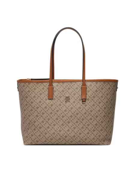 Rankinė Tommy Hilfiger Th Monoplay Leather Tote Šviesiai smėlinė žalia