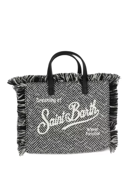 Geantă shopper Mc2 Saint Barth cu franjuri cu model herringbone negru