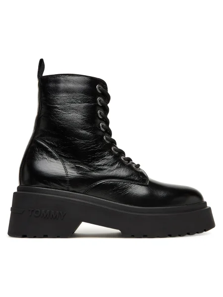Кожени кубинки Tommy Jeans TJW CHUNKY SHINY LEATHER BOOT с платформа черно