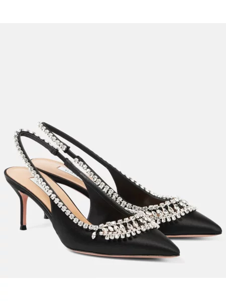 Pantofi cu toc Aquazzura din satin slingback de cristal negru