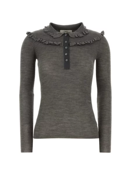 Top Chloé tricotate cu volane cu guler henley gri