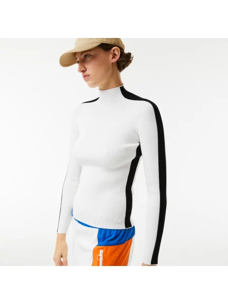 Lacoste Sweter Bezszwowy Z Kontrastowymi Paskami biały