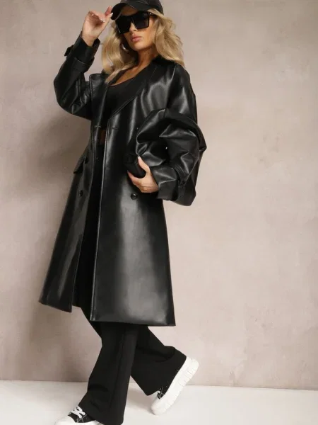 Palton Dublu Piept Imitatie Piele Dyrine negru