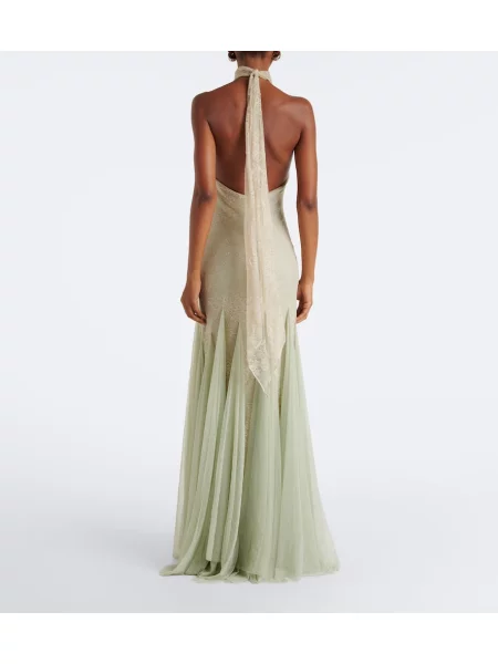 Rochie De La Vali din dantelă cu gât halter verde