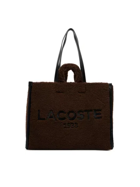 Geantă shopper Lacoste din piele de oaie maro