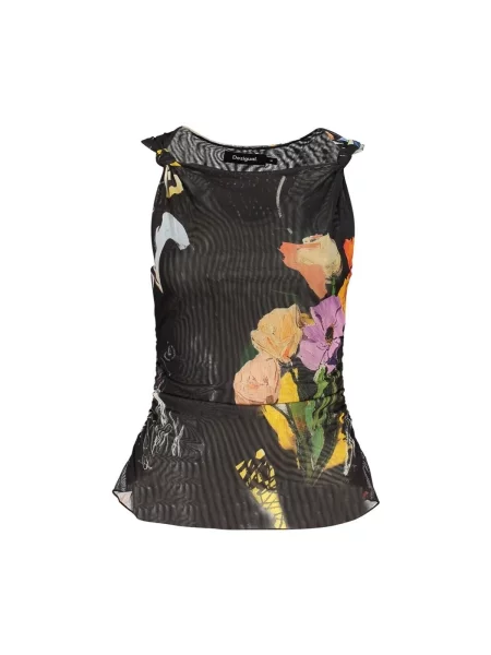 Top Desigual fără mâneci cu model floral negru