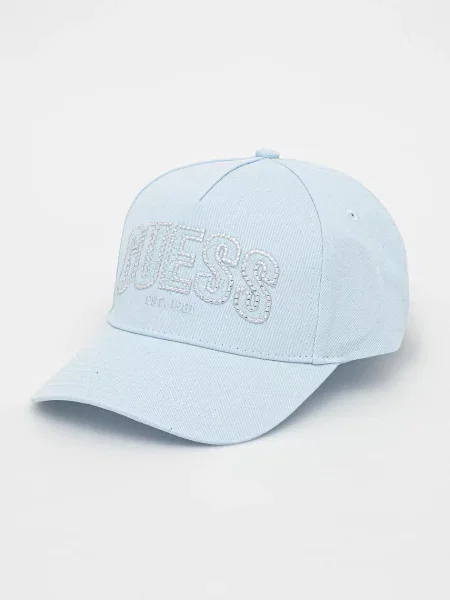 Шапка с козирка Guess INES дамска с изчистен дизайн синьо
