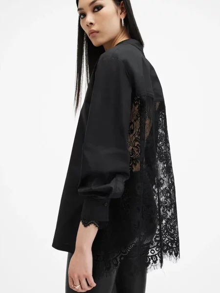 Риза AllSaints ETHEL LACE дамска със стандартна кройка с права яка черно