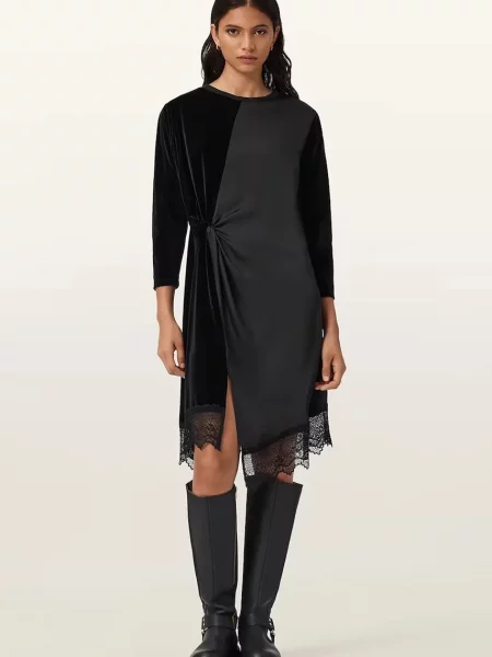 AllSaints rochie de catifea mini drept negru