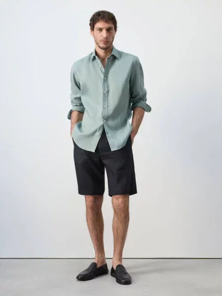 Koszula regular fit z lnu szmaragdowa zieleń Mężczyzna XL MANGO MAN