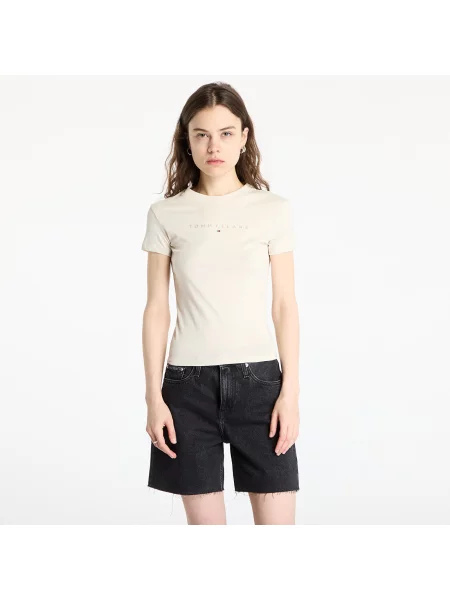 T-shirt z prążkowanym okrągłym dekoltem Tommy Hilfiger beżowa
