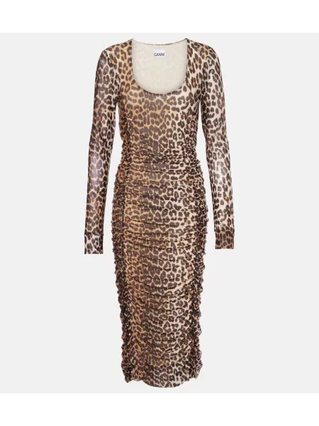 Rochie midi Ganni cu imagine cu model leopard plasă maro