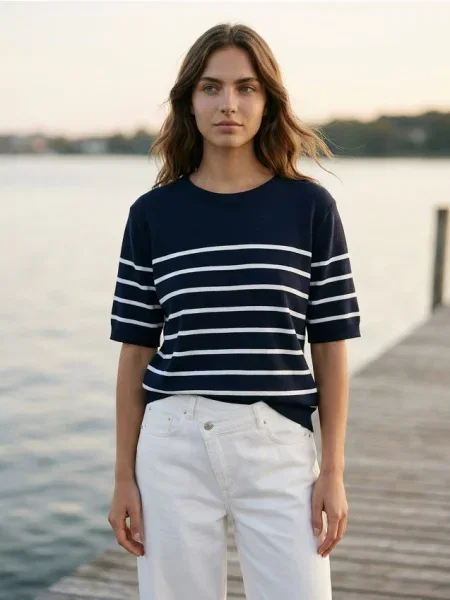 Светр із коротким рукавом у смужку темно-синій синій