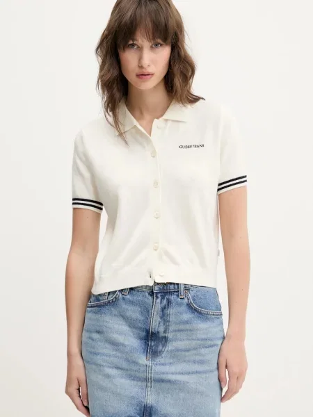 Вълнена с яка тениска Guess Jeans бежово