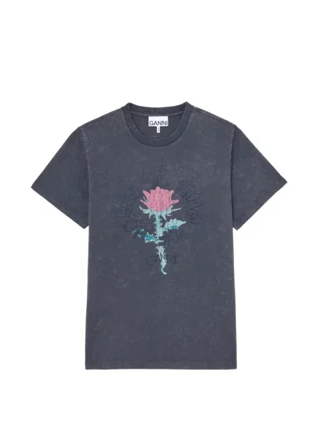 Tricou Ganni cu model floral cu imagine cu decolteu rotund gri