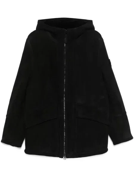 Geacă Stone Island din piele de căprioară cu glugă cu strasuri negru