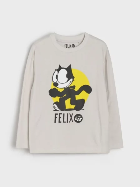 Sinsay tričko s dlouhým rukávem s potiskem Felix Cat krémová