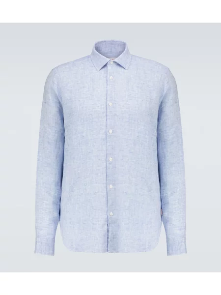 Lněná dlouhá košile Orlebar Brown s dlouhými rukávy modrá