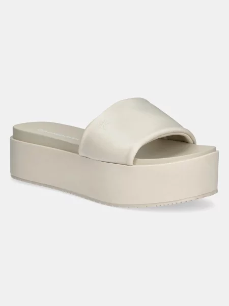Чехли Calvin Klein Jeans FLATFORM SANDAL SLIDE IN NYLON с платформа бежово