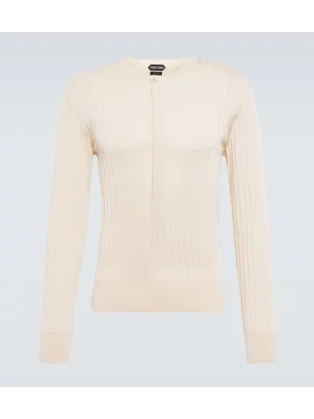 Pulover Tom Ford de mătase cu guler henley alb