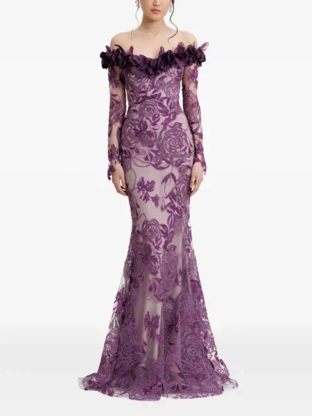 Rochie maxi Gemy Maalouf cu model floral cu umerii deschiși violet
