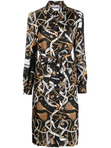 Rochie midi Moschino de mătase cu imagine până la genunchi negru