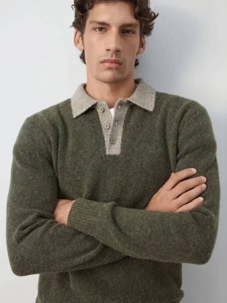 Sweter polo z dzianiny z mieszanki wełny i alpaki oliwkowozielony Mężczyzna S MANGO MAN