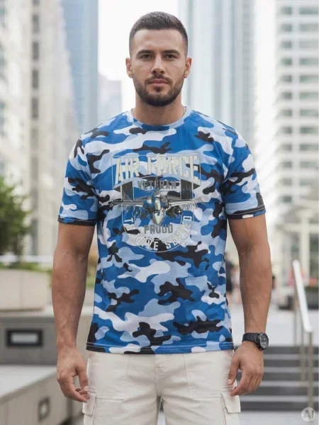T-shirt klasyczny moro z nadrukiem Dstreet niebieski