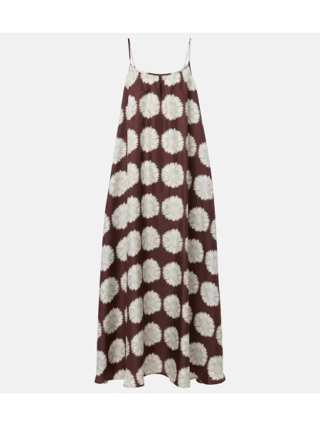 Jedwabna sukienka maxi Asceno w kwiatki garniturowa brązowa