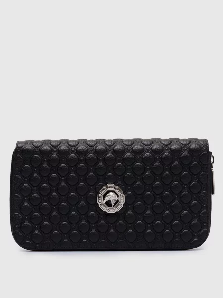 Шкіряний гаманець з металевою емблемою у вигляді голови орла Stefano Ricci чорний