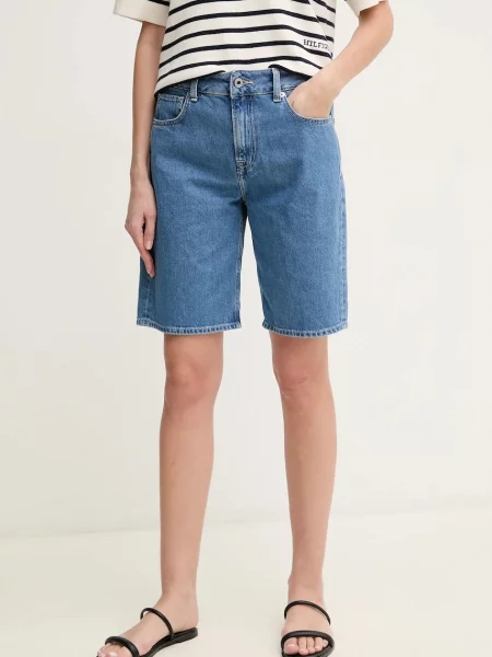 Pepe Jeans pantaloni scurți jeans BERMUDA SHORT HW femei uni high waist albastru