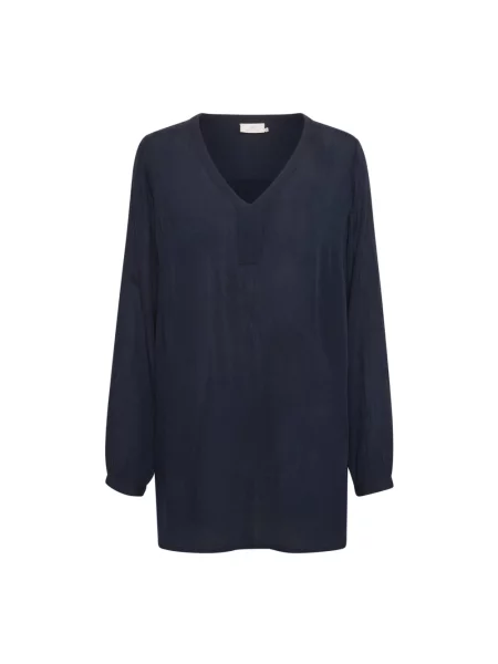 Sukienka koszulowa Kaffe z dekoltem w serek z bursztynem garniturowa niebieska